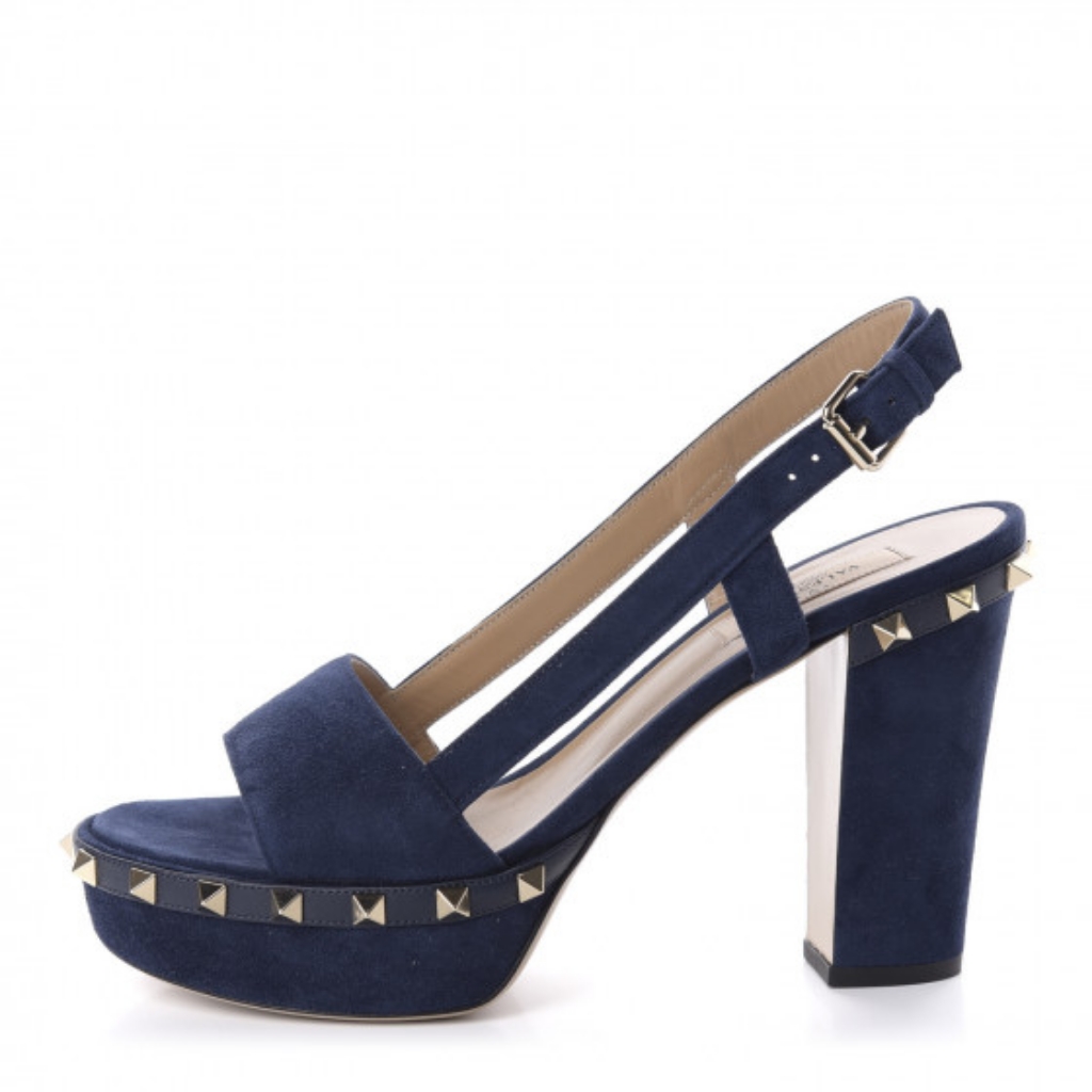 Valentino Garavani Suede Rockstud Slingback Platform Sandals In Marine Blue 40